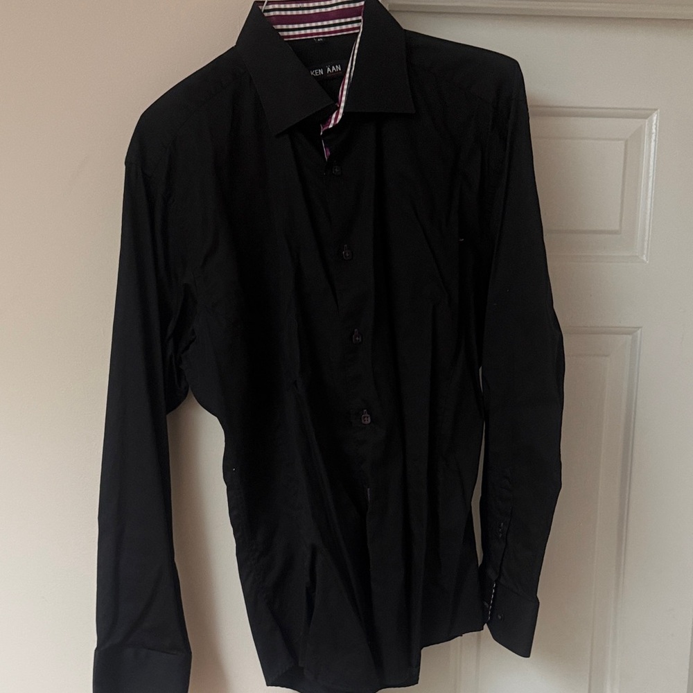Men's Black Dress Shirt with Contrast Stripe Trim